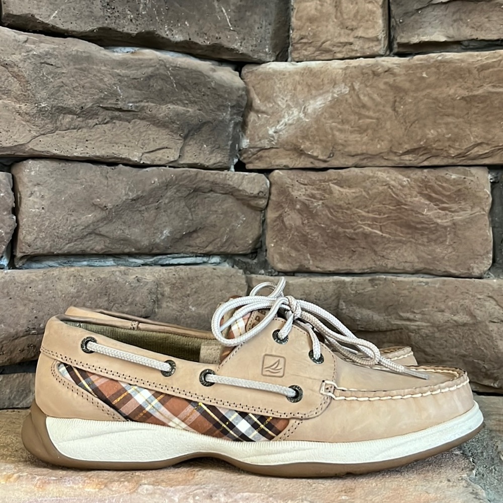 Sperry Top Sider Boat Shoe / Leather with Fall Plaid Accent / SZ 7